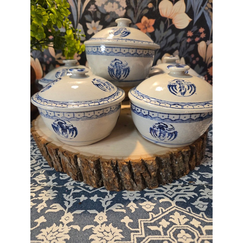 MCM Blue White Porcelain Rice Bowls with Lids Set of 5 Foo Dog Crane Motif